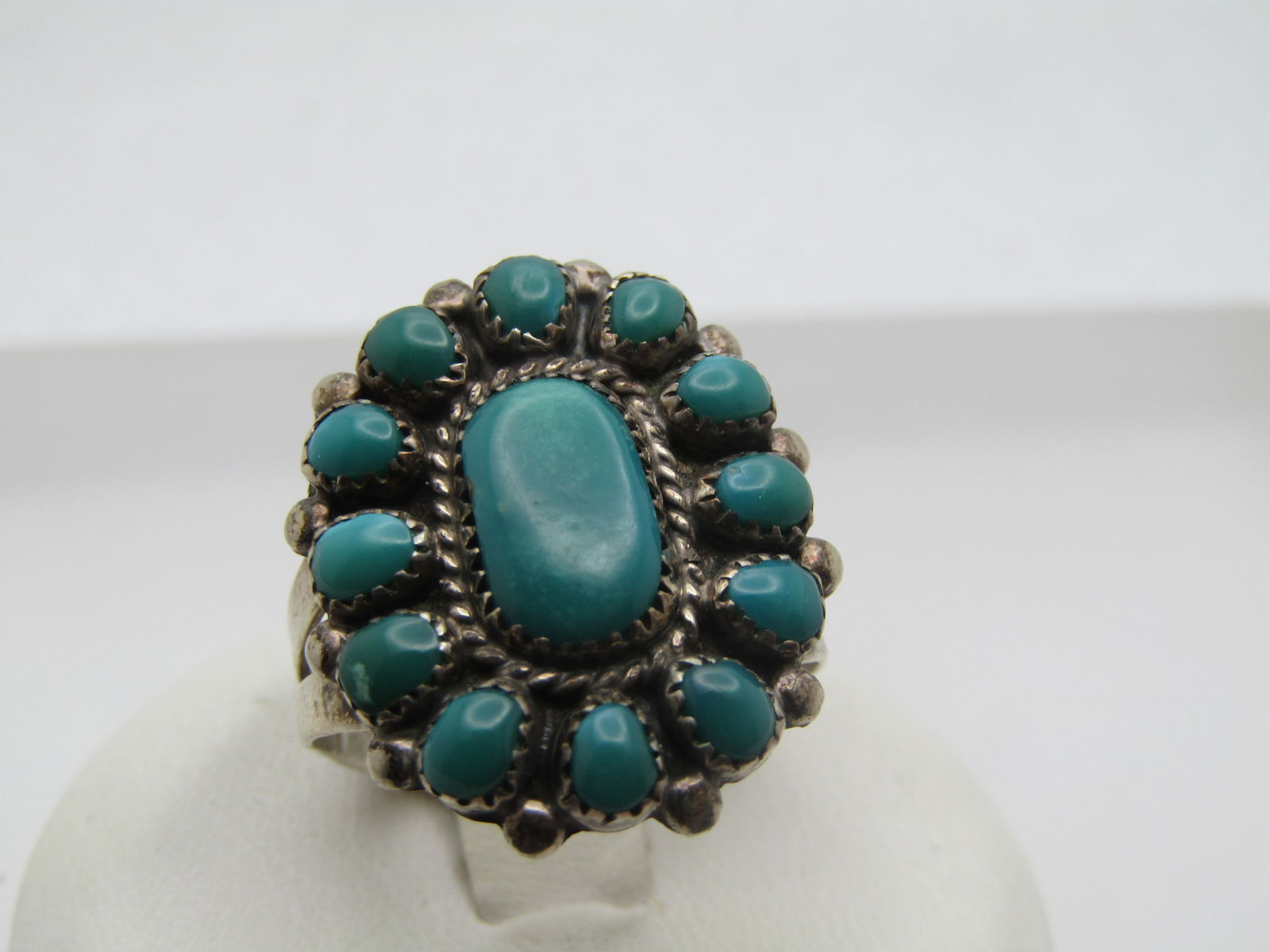 Vintage Sterling Southwestern Turquoise Petite Point Ring, Marie Basselente, Sz. 6.75, 1950's-1970's: Vintage Sterling Southwestern Turquoise Petite Point Ring, Marie Basselente, Sz. 6.75. Marie Basselente is/was a Zuni silver jewelry artist from what I could find. I found things dating her as far bac