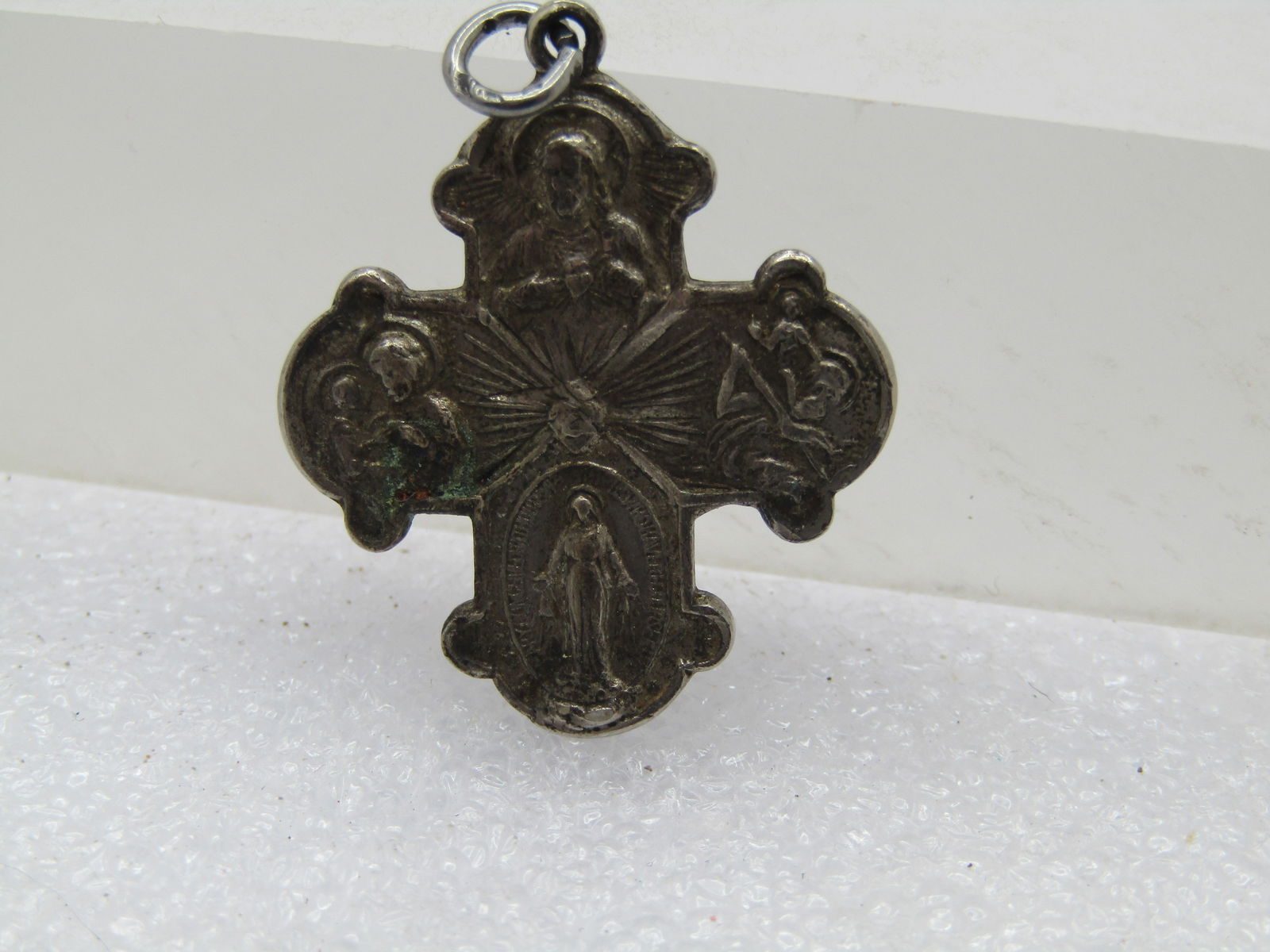 Vintage Sterling Catholic Cross Medal, Please Call Priest, Signed BLI, 1940's-1950's (1 of 4)