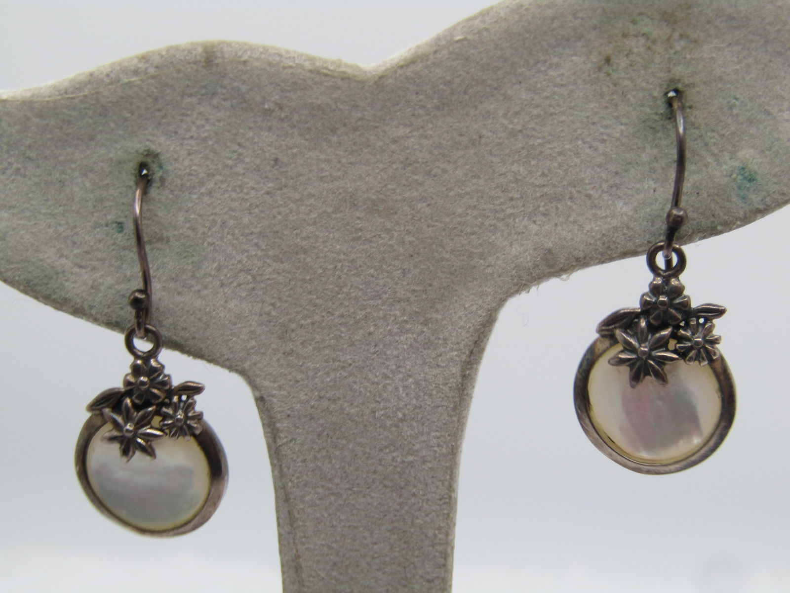 Vintage Sterling Floral Mother-of-Pearl Earrings, Pierced Dangle, 1980's, Signed (1 of 4)