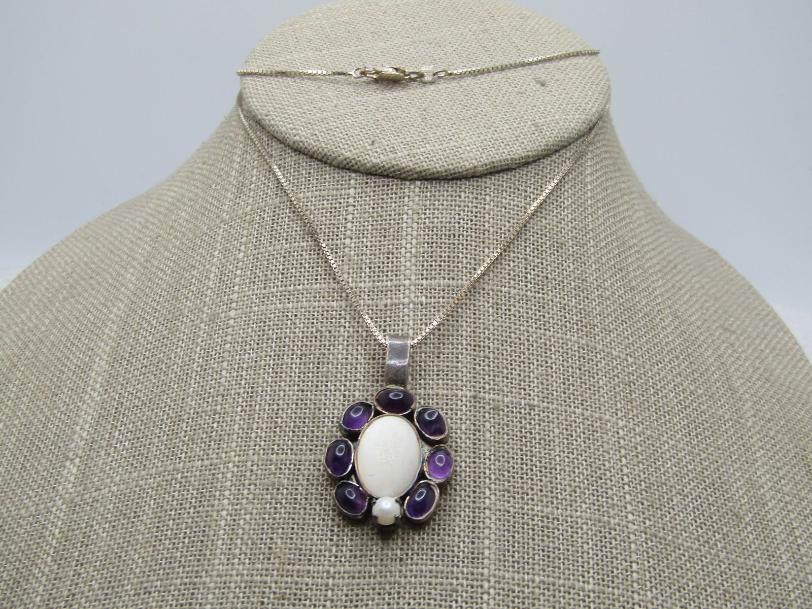 Vintage Sterling Amethyst Faux Perl Necklace, 20", 1980's-1990's (1 of 6)