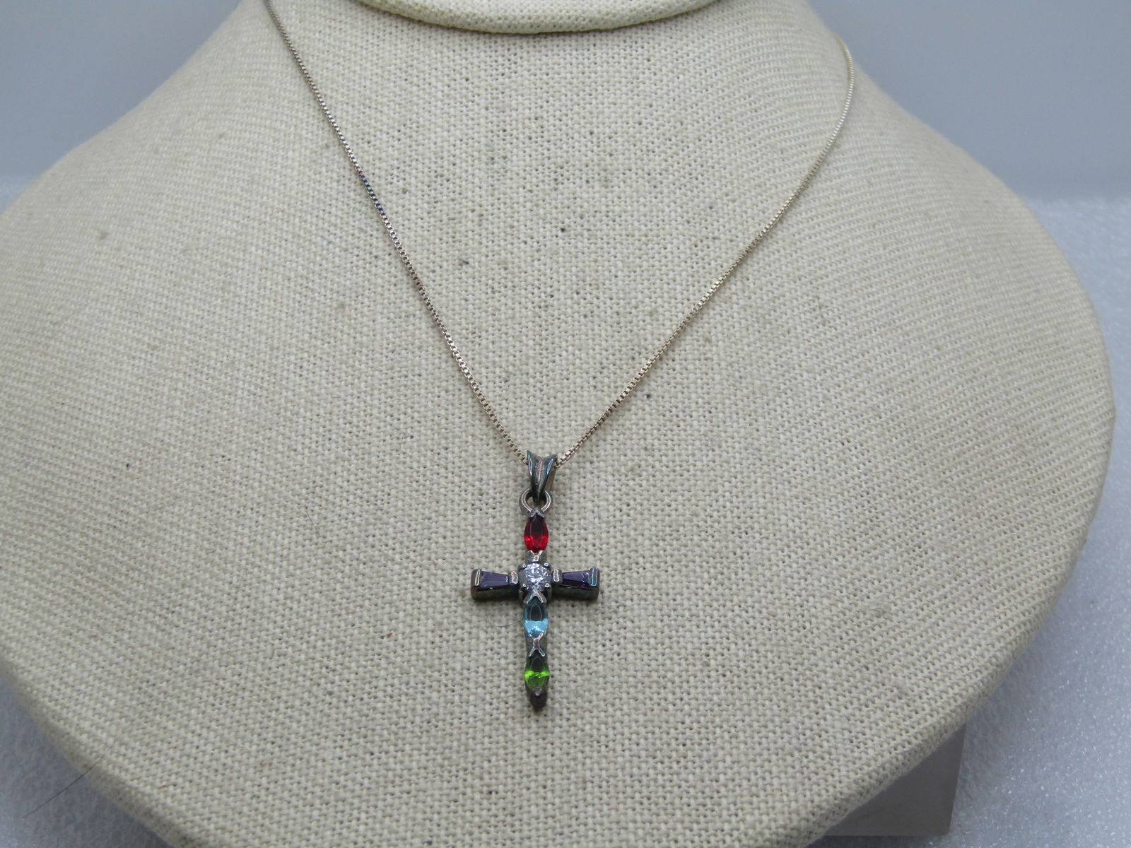 Sterling Chain with Rhinestone Cross Necklace, 18", 1980's-1990's (1 of 5)