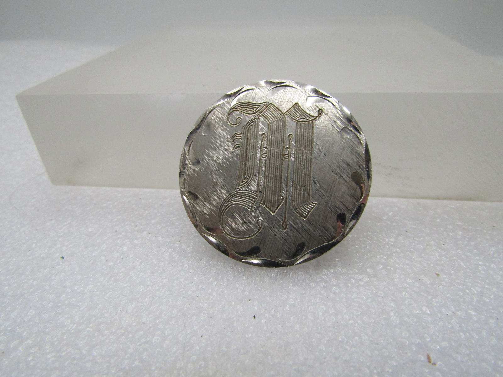 Vintage Sterling Engraved M Brooch, Diamond Cut Etching, 1970's, Signed Well's (1 of 4)