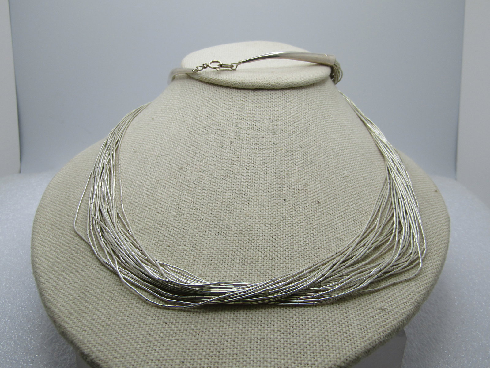 Vintage Sterling Southwestern Liquid Silver Necklace, 30 Strand, 30", Signed Q.T., 1980's-1990's: Vintage Sterling Southwestern Liquid Silver Necklace, 30 Strand, 30", Signed Q.T., 1980's-1990's. Very clean necklace in very good condition, Signed Q.T. (Quoc Turquiose out of New Mexico). It has lon