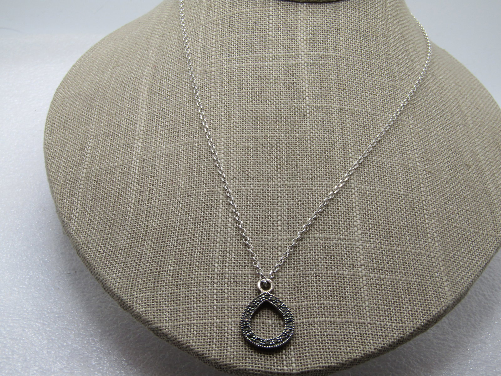 Vintage Sterling Marcasite Teardrop Necklace, 18", 1990's, Signed QGI: Vintage Sterling Marcasite Teardrop Necklace, 18", 1990's, Signed QGI. It is marked Italy and .925 on the chain and signed QGI and marked .925 on the pendant. Both pieces test as sterling with a combi
