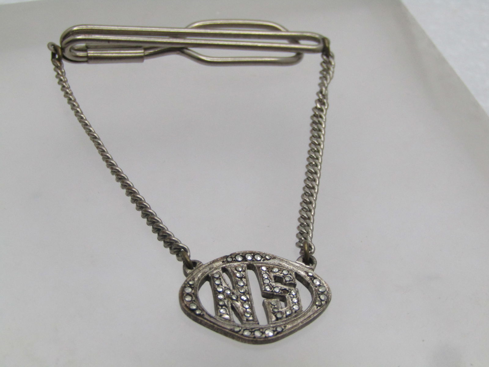 Vintage Sterling Marcasite Tie Bar, Initials NS, 1940's (1 of 6)