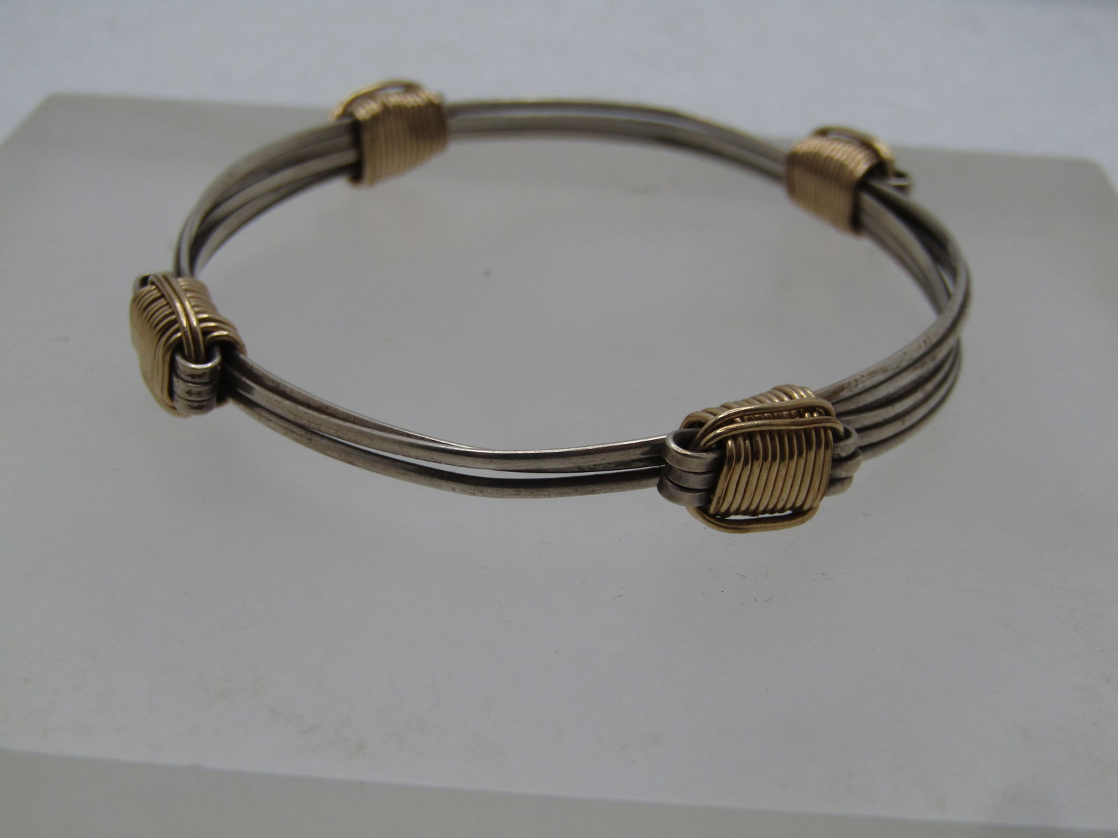 Vintage Sterling Multi-Strand Sliding Bangle Bracelet with 10kt Gold Wire Wraps, sz. 6.5"-8.5", (1 of 6)