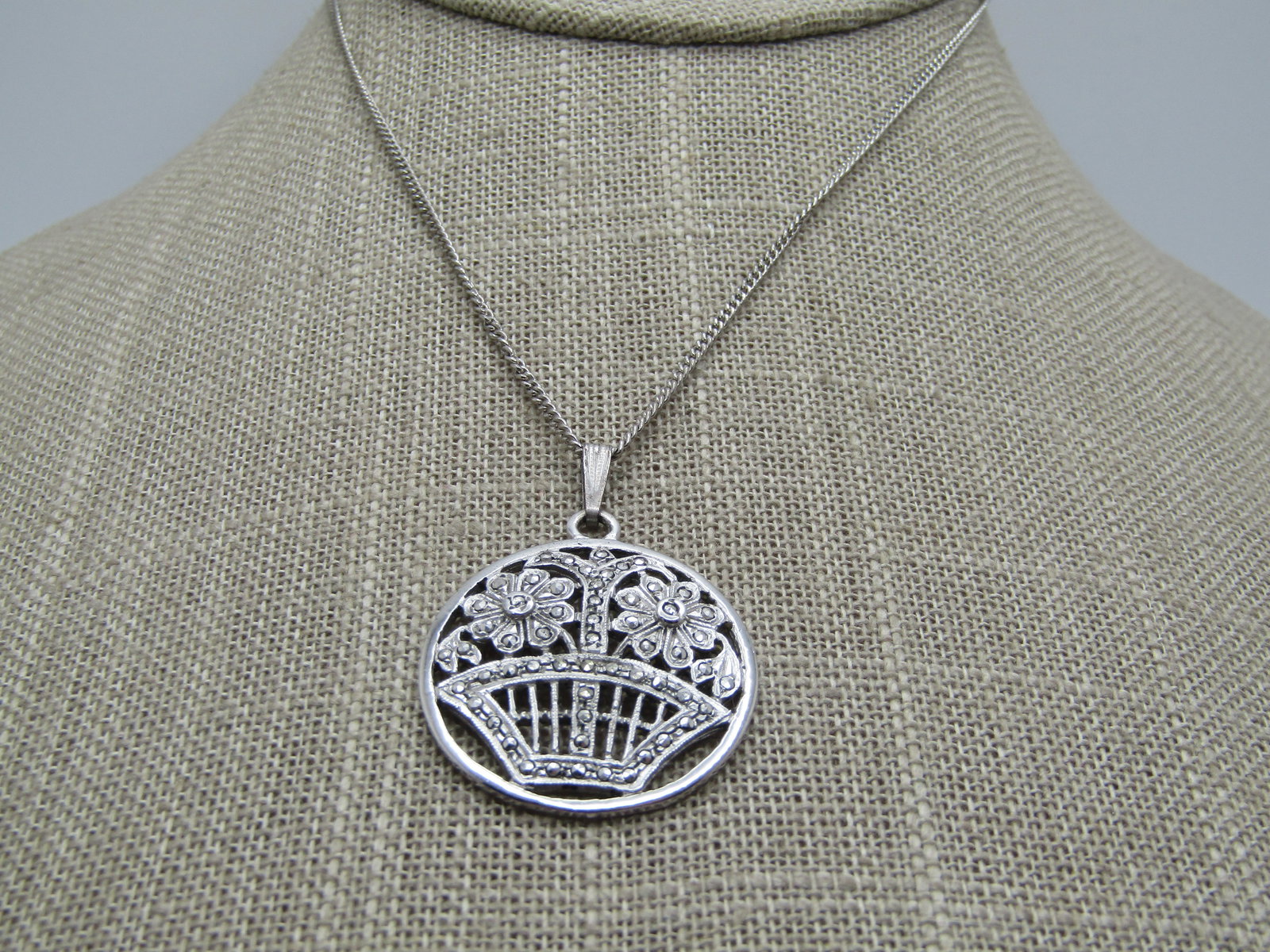 Vintage Sterling Marcasite Flower Basket Necklace, 18" Signed Eagle, 1940's (1 of 8)
