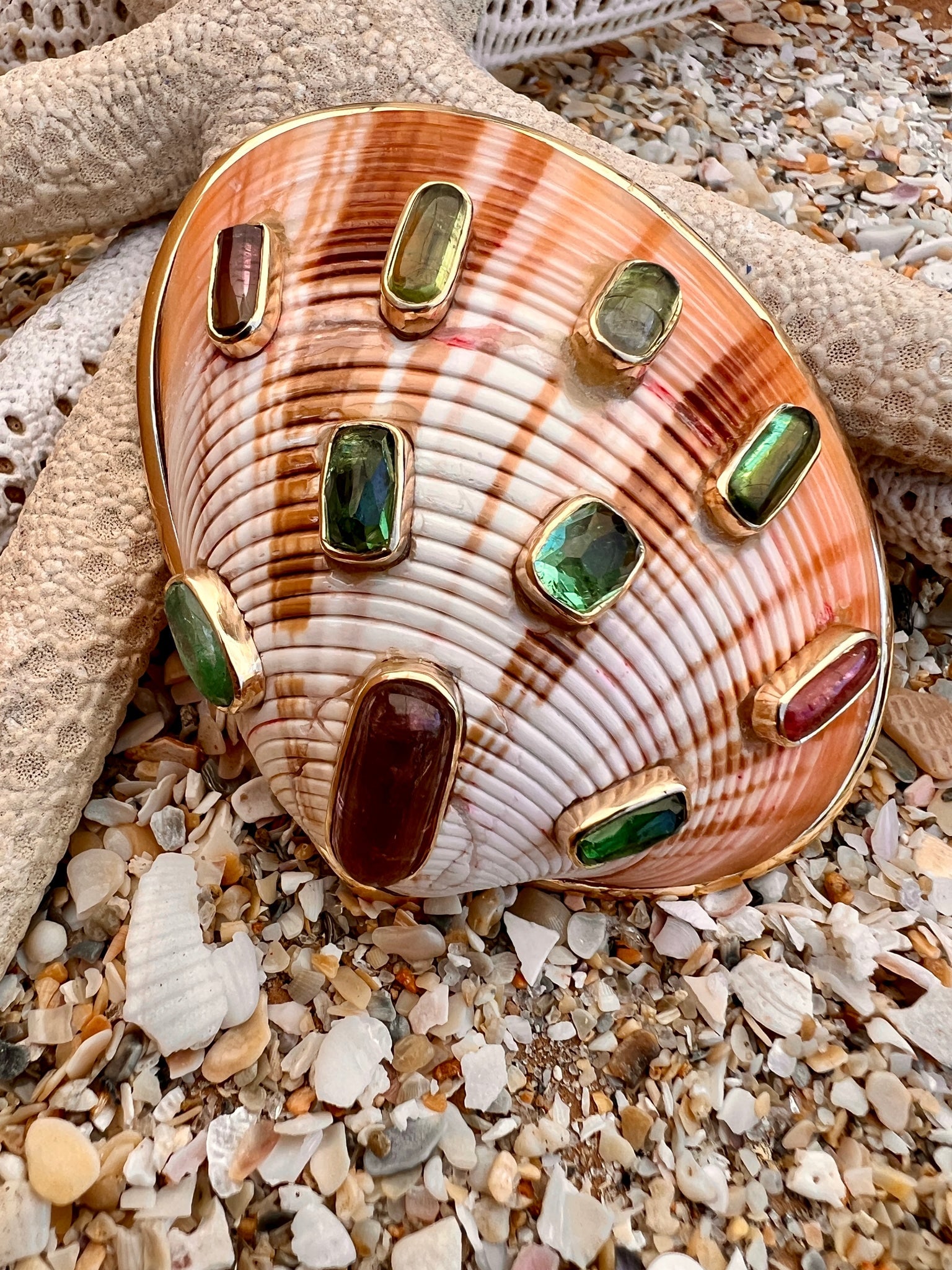 Calista Shell 14-karat Gold Pendant with Tourmaline: Title:Calista Shell 14-karat Gold Pendant with Tourmaline Description:WOW. This brooch, made from a Calista Shell, is spectacular on its own, but adding these yummy Tourmaline cabochons make it an out