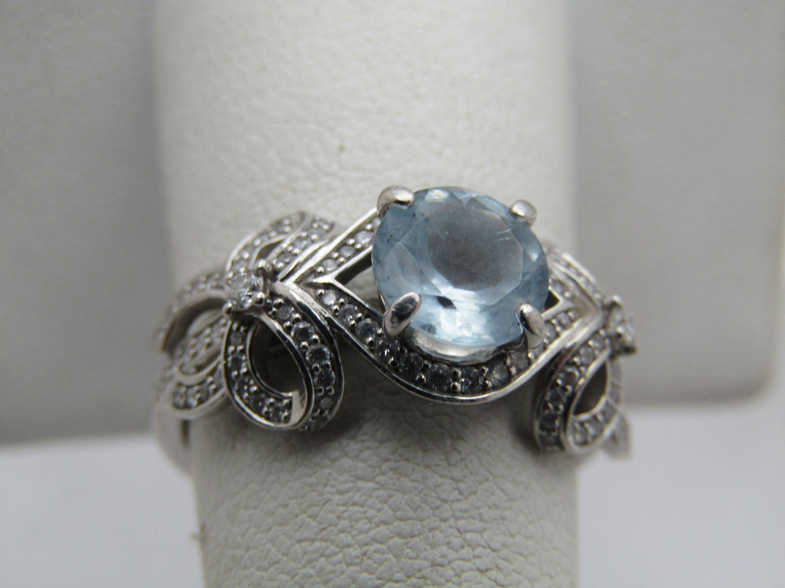 Platinum Aquamarine Diamond Double Bow Ring, Sz. 7.75, - 4