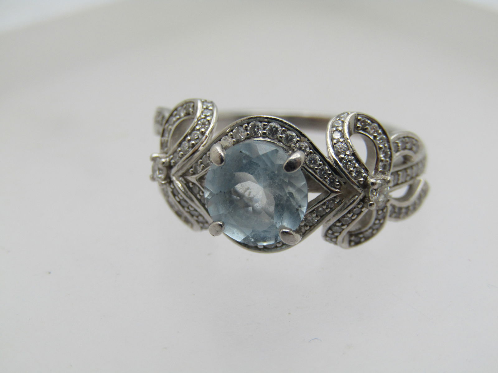 Platinum Aquamarine Diamond Double Bow Ring, Sz. 7.75, - 5