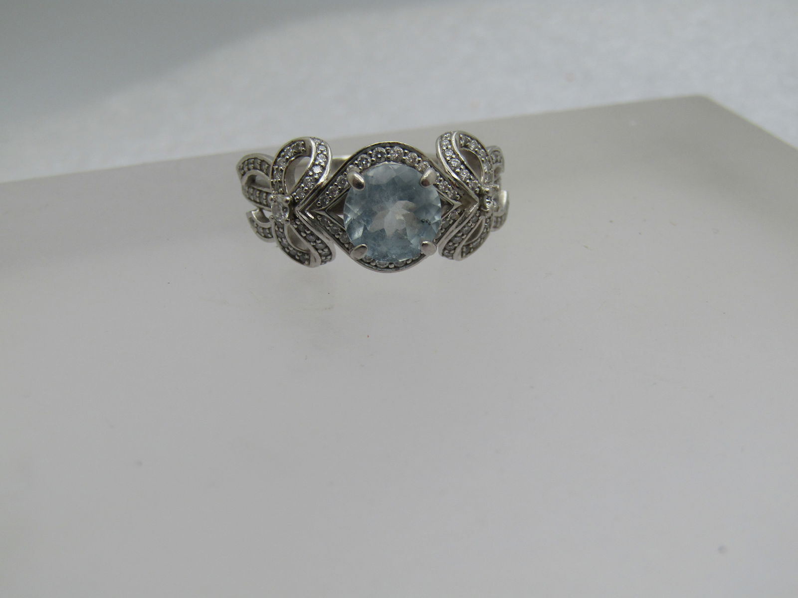 Platinum Aquamarine Diamond Double Bow Ring, Sz. 7.75, - 6