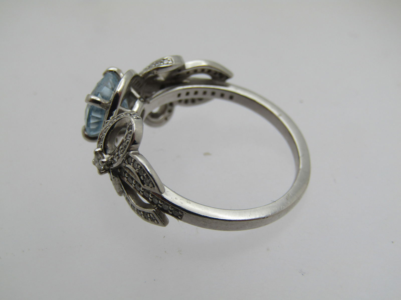 Platinum Aquamarine Diamond Double Bow Ring, Sz. 7.75, - 7