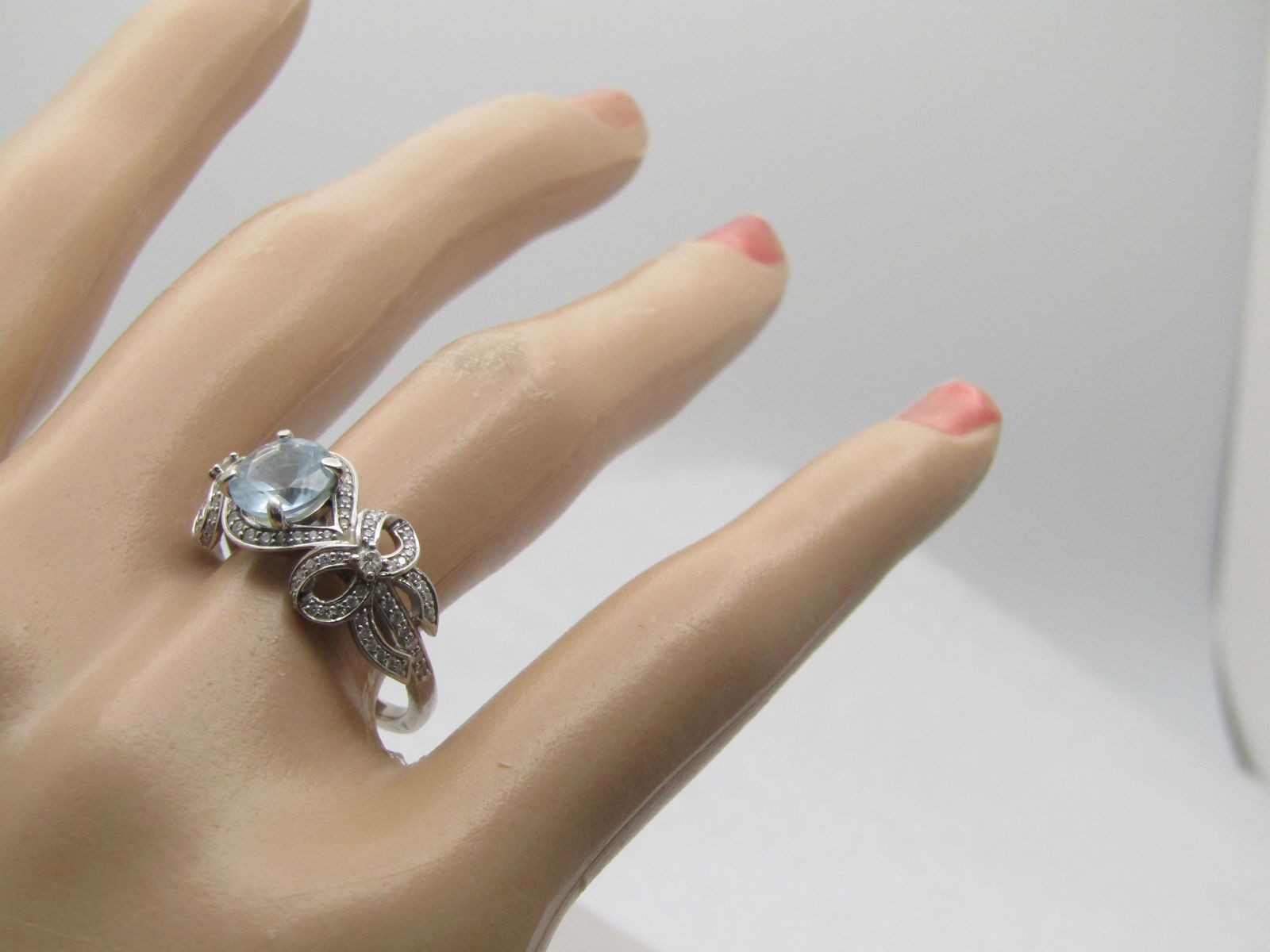 Platinum Aquamarine Diamond Double Bow Ring, Sz. 7.75, - 9