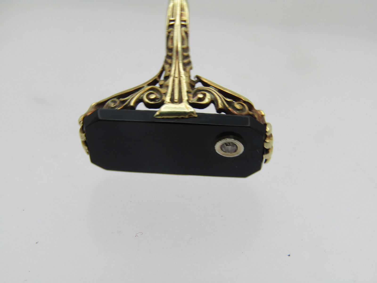 Vintage 14kt Onyx Diamond Ring, Sz. 5.25. Scrolled, Art Deco Themed - 5