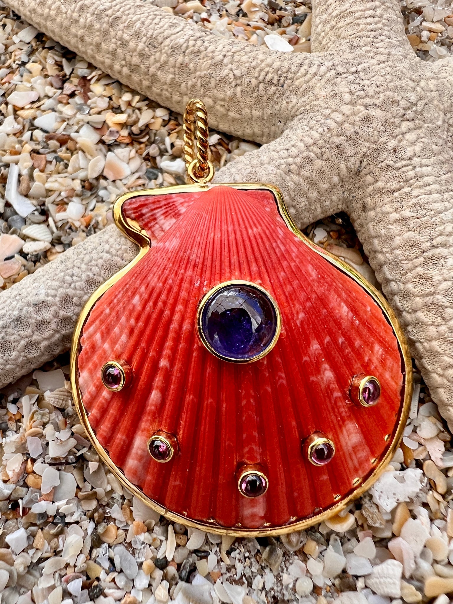 St. James Red Scallop Pendant with Amethyst: Title:St. James Red Scallop Pendant with Amethyst Description:A wonderful Red Scallop St. James Pendant set with cabochon Amethysts and Tanzanites - signed CSS - Vermeil - 2.5" Drop Reserve: $788.00 S