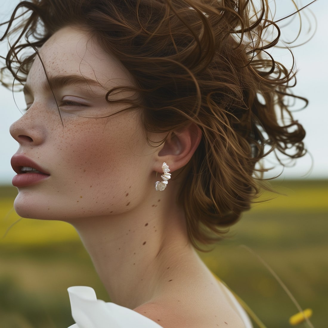 Petal Pearl Half Moon Earring 14K Gold Hook - 2