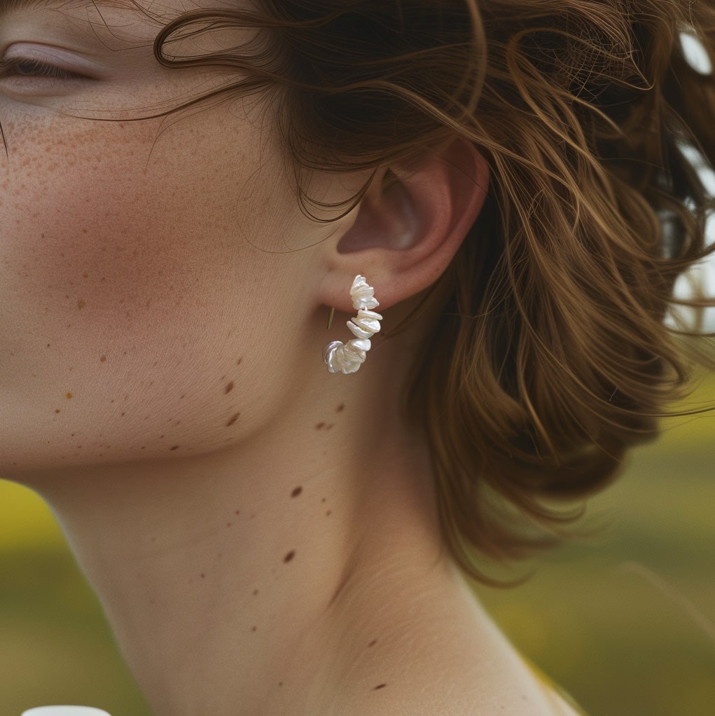 Petal Pearl Half Moon Earring 14K Gold Hook - 7