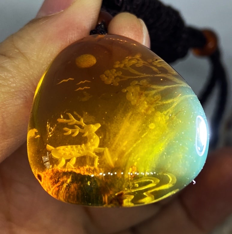Golden Blue Amber Handcarved Amulet Pendant Necklace - 11