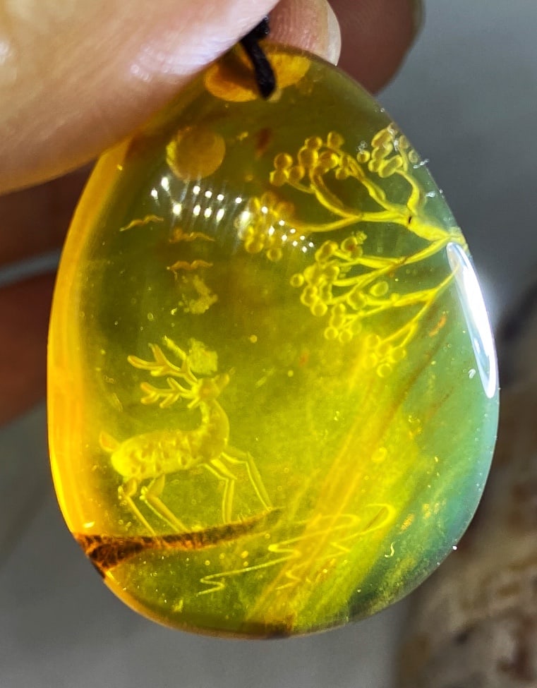 Golden Blue Amber Handcarved Amulet Pendant Necklace - 12