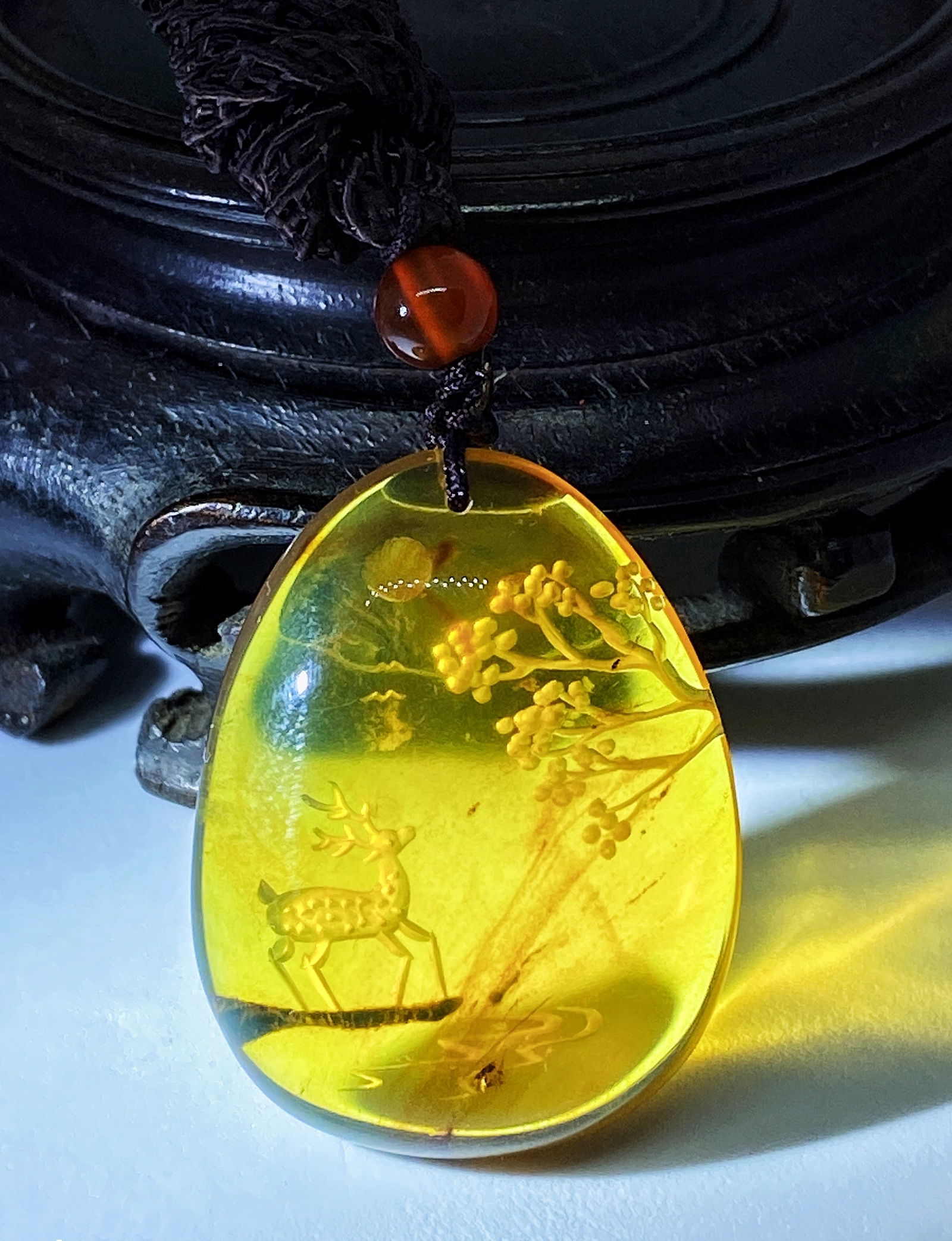 Golden Blue Amber Handcarved Amulet Pendant Necklace - 2