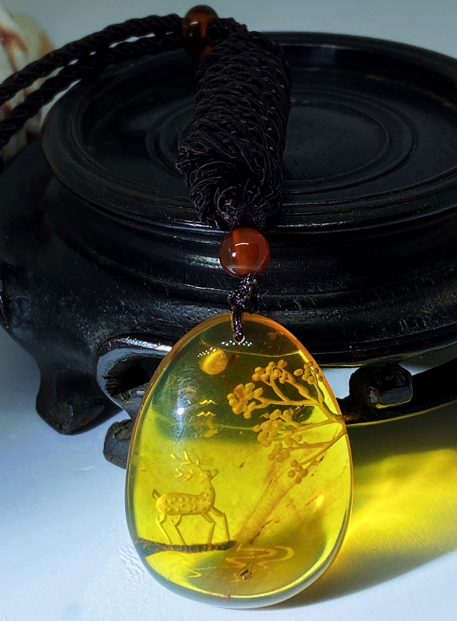 Golden Blue Amber Handcarved Amulet Pendant Necklace - 4