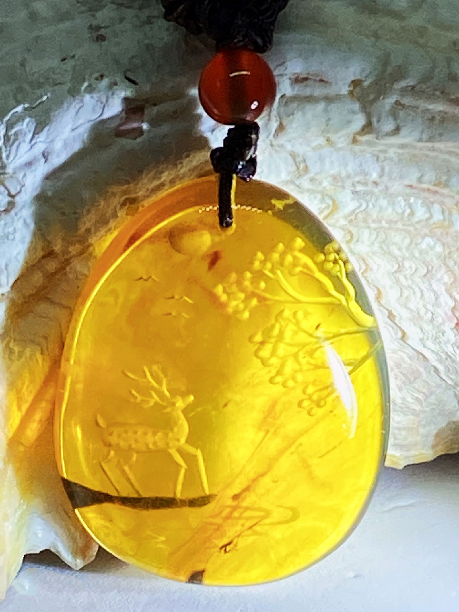 Golden Blue Amber Handcarved Amulet Pendant Necklace - 5