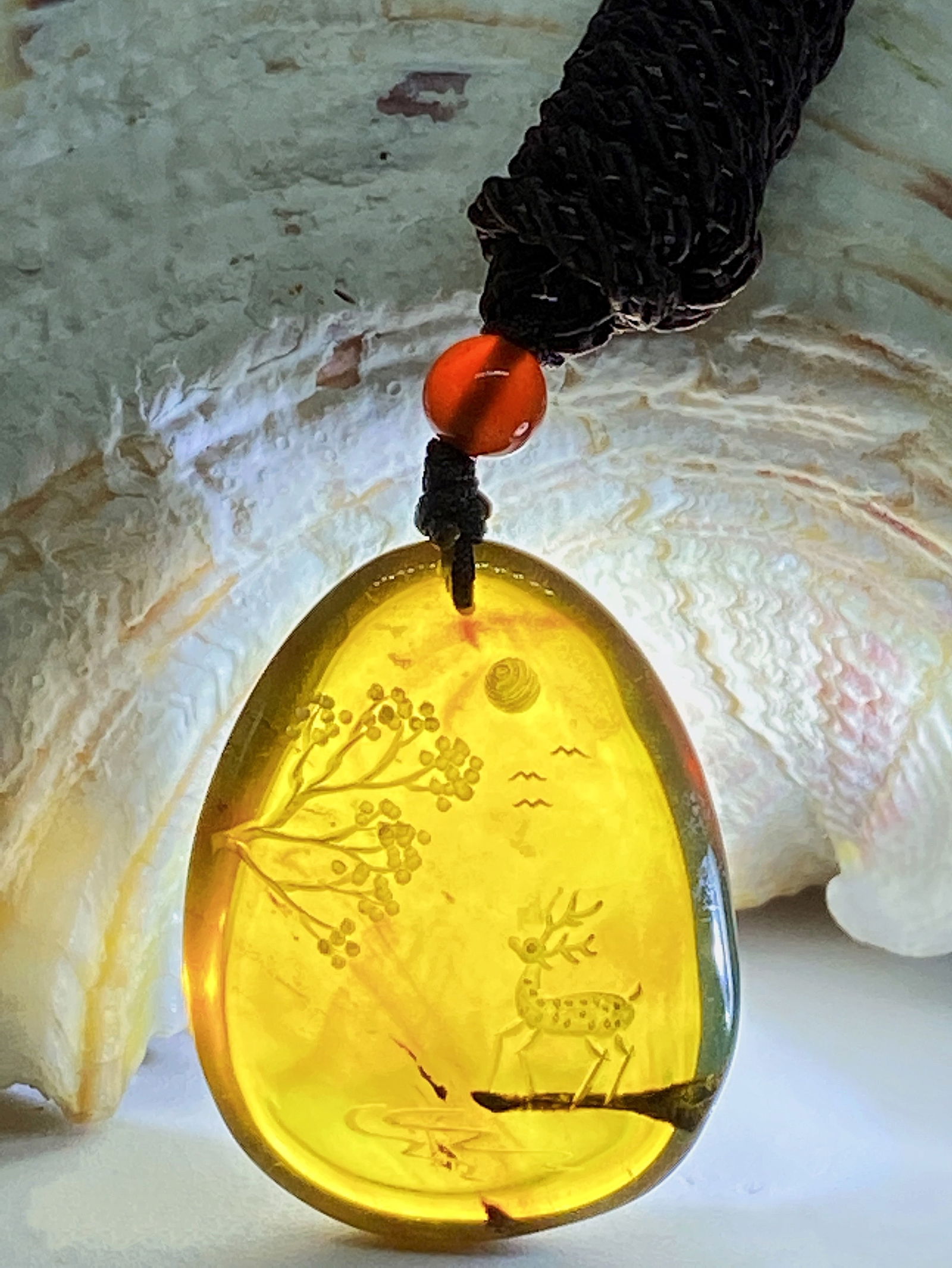 Golden Blue Amber Handcarved Amulet Pendant Necklace - 6