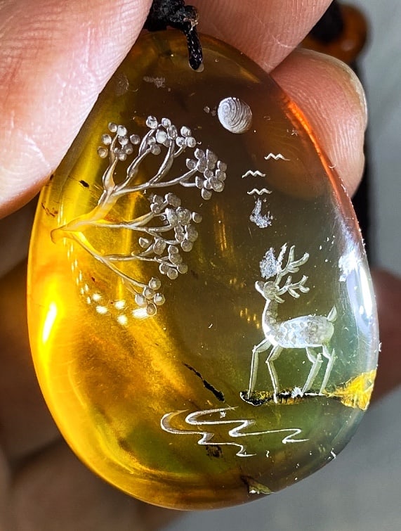 Golden Blue Amber Handcarved Amulet Pendant Necklace - 8