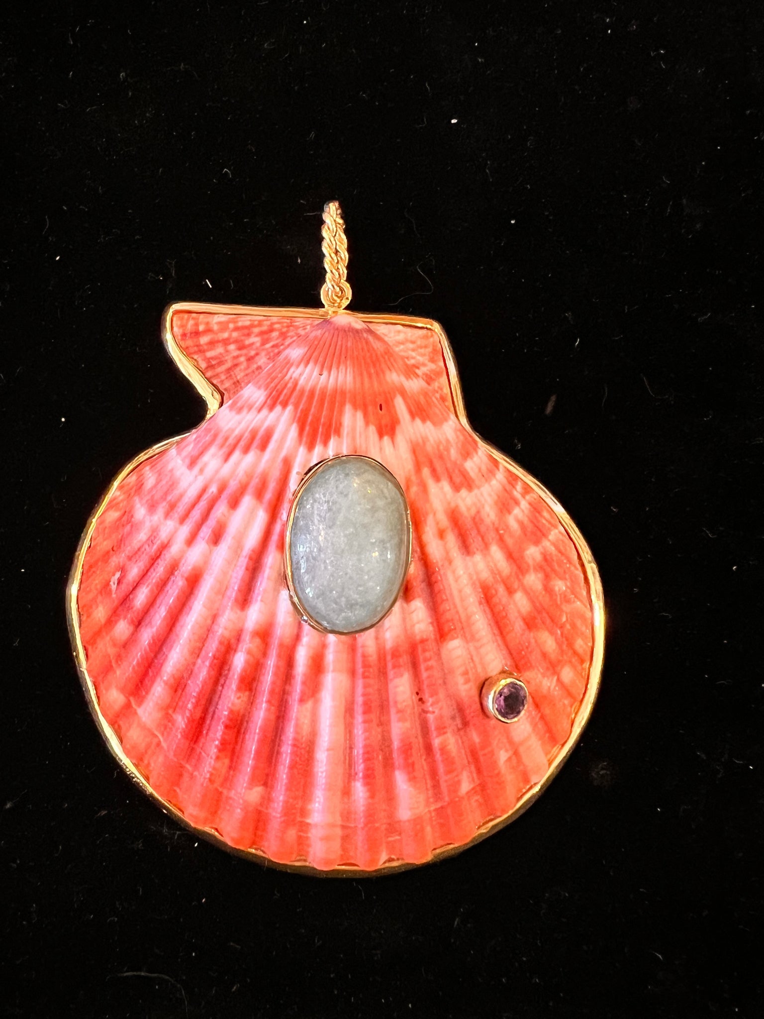 St. James Pendant with Sugar Aquamarine: Title:St. James Pendant with Sugar Aquamarine Description:Generous, 3" Drop St. James Scallop Pendant set with Green Sugar Aquamarine and an Amethyst - Signed CSS - Vermeil Reserve: $680.00 Shipping: