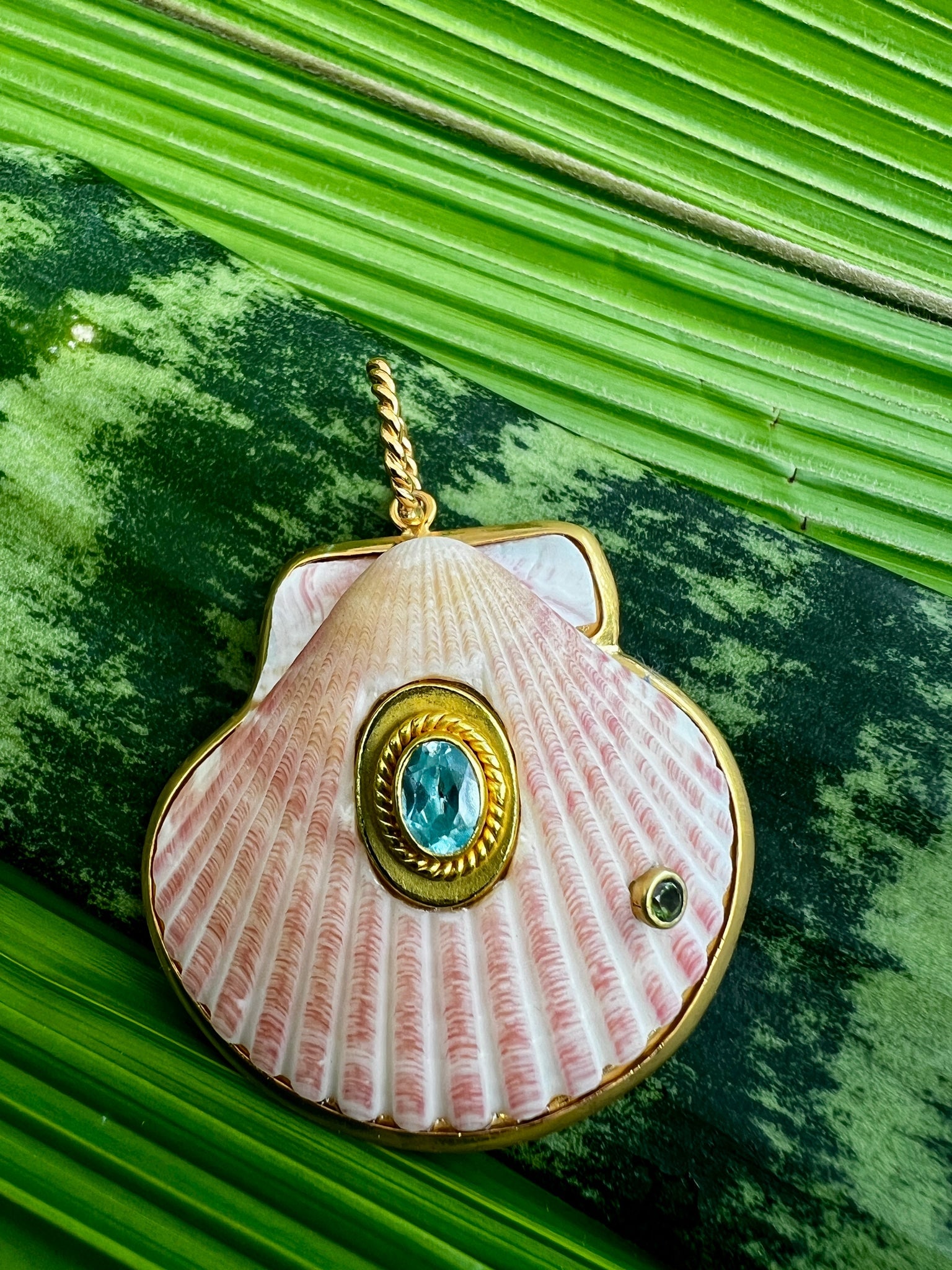 St. James Scallop Pendant with Aquamarine: Title:St. James Scallop Pendant with Aquamarine Description:Pretty, pink St. James Scallop with fun, classical-style set Aquamarine and a little Sapphire, just for fun - Signed CSS - Vermeil - 2.25" D