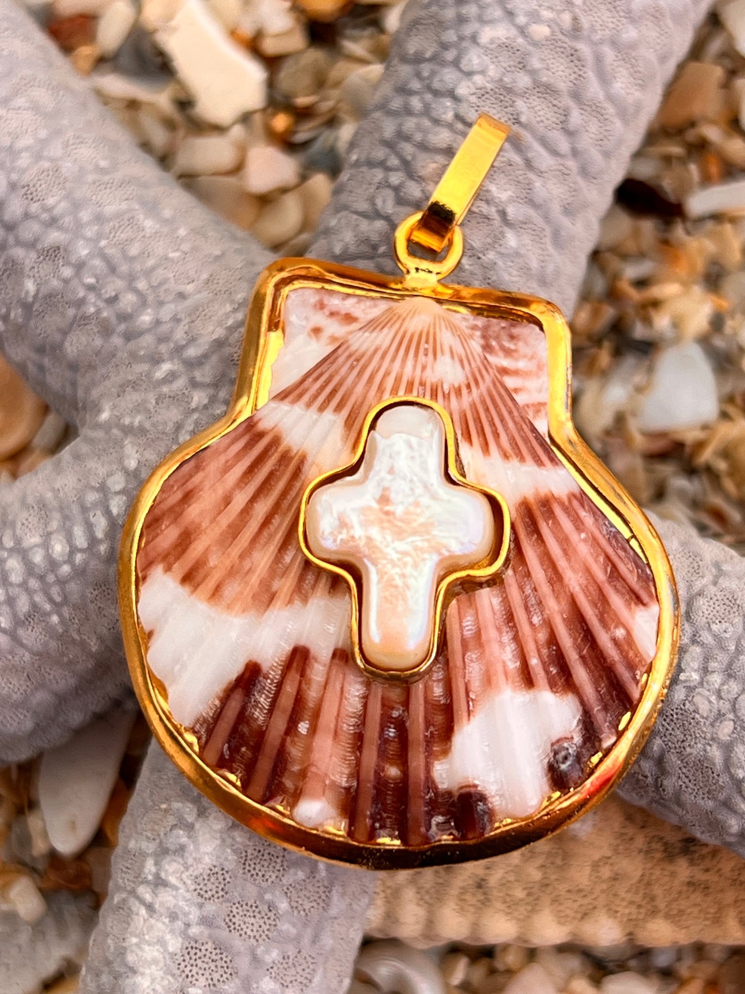 St. James Scallop Pendant with Pearl Cross: Title:St. James Scallop Pendant with Pearl CrossDescription:Calico Scallop, St. James pendant set with a Pearl in the shape of a cross. Perfect memor of Camino de Santiago in Spain! Signed CSS -