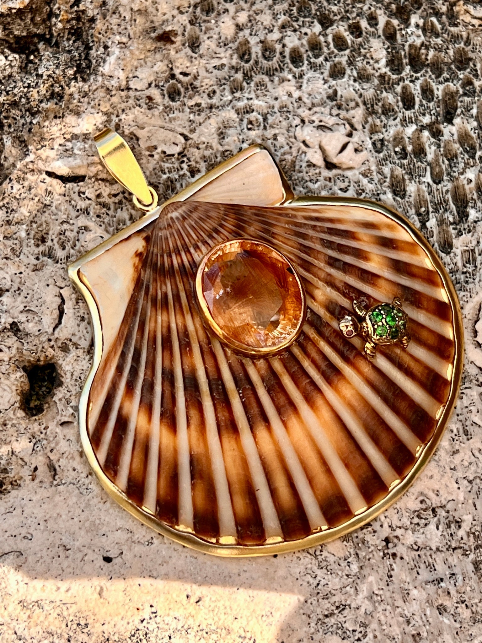 St. James Scallop Pendant with Tsavorite & Topaz: Title:St. James Scallop Pendant with Tsavorite & Topaz Description:Medium-sized St. James Scallop Pendant sporting a dapper turtle, set with Tsavorite, and a neat included Imperial Topaz - Signed CSS