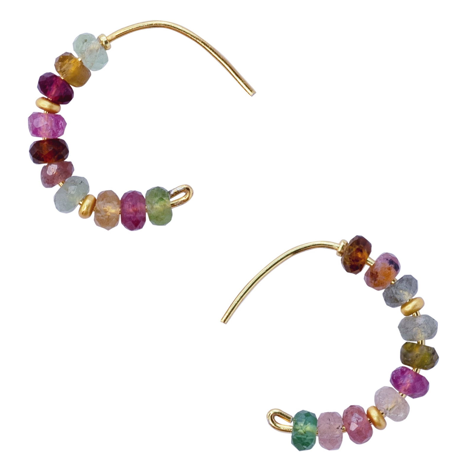 Rainbow Tourmaline Half Moon Earring 14K Gold Hoop: Title:Rainbow Tourmaline Half Moon Earring 14K Gold Hoop Description:Nature's entire palette captured in gemstone form, these rainbow tourmalines paint your ear with watercolor hues that shift from sa