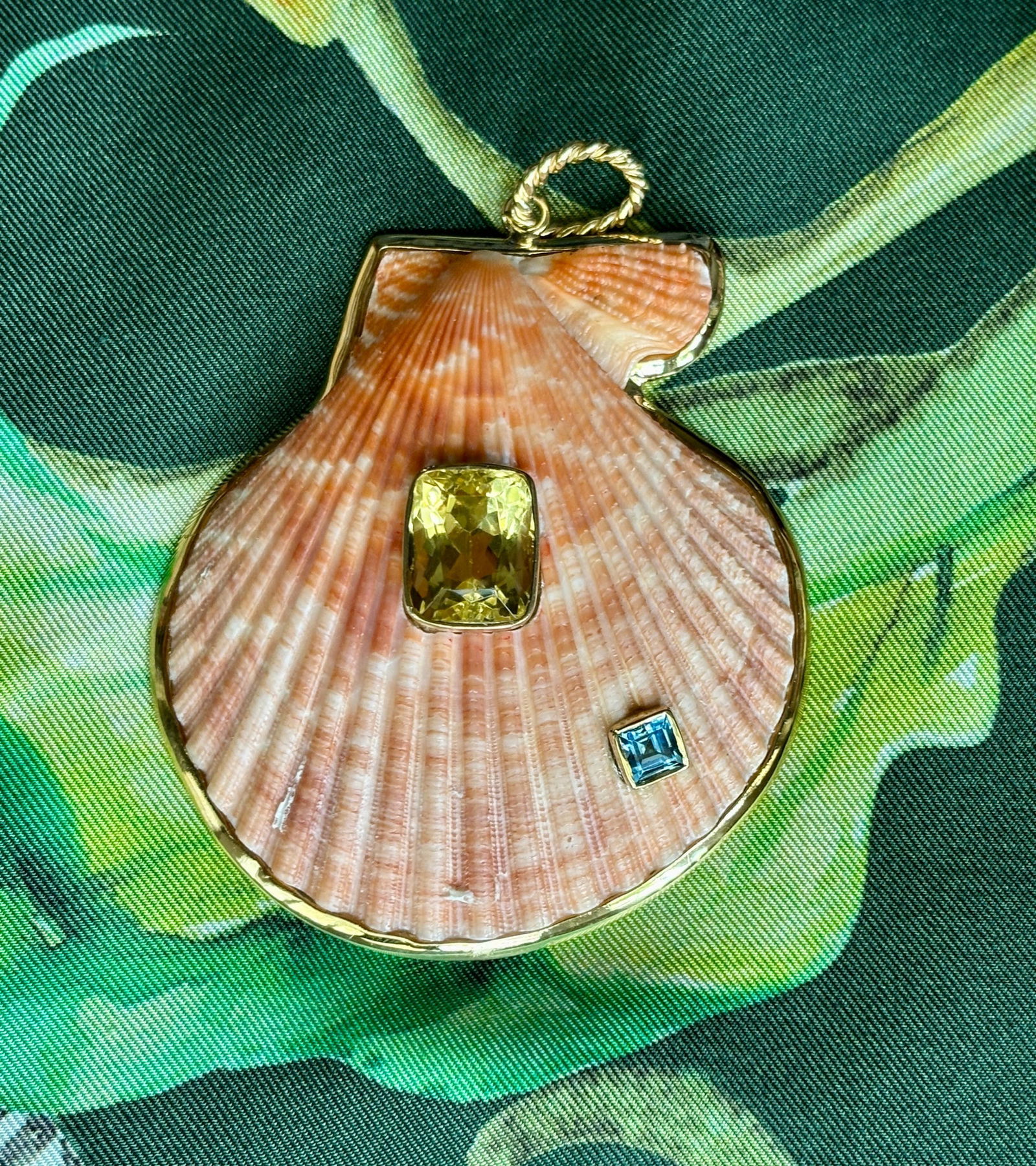 St. James Pendant with Citrine: Title:St. James Pendant with Citrine Description:Pretty papaya-colored St. James Pendant set with a large, faceted Citrine and a Swiss Blue Topaz - Signed CSS - Vermeil - 3" Long Reserve: $636.00 Ship