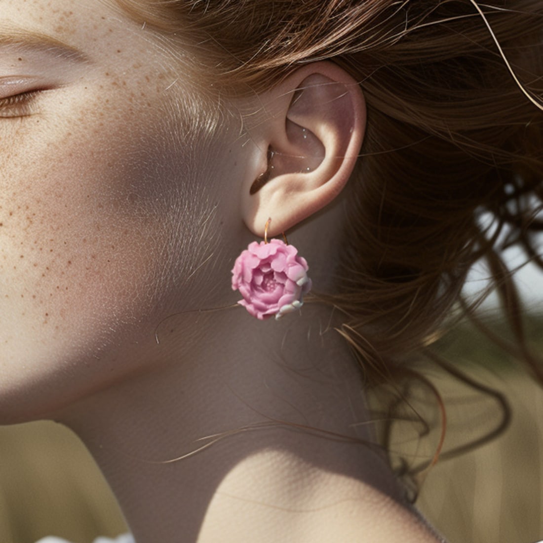 Agate Peony Large Earrings 14K Gold Hook - 6