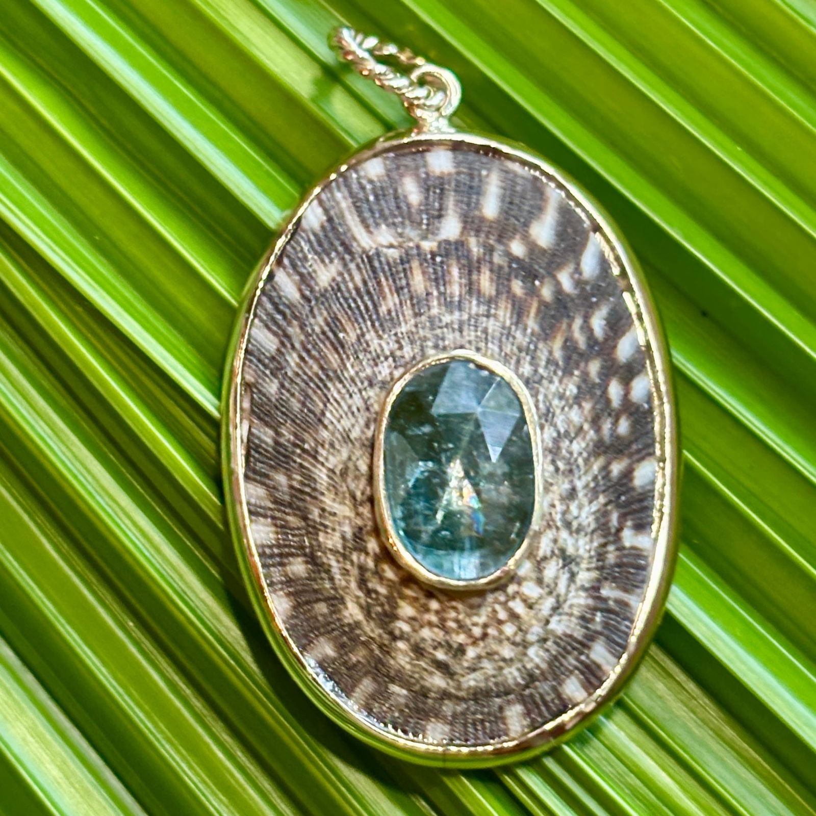 Blue Limpet Shell Pendant set with Alexandrite: Title:Blue Limpet Shell Pendant set with Alexandrite Description:Unusual Blue Limpet Gold pendant set with mossy-looking, faceted lively Alexandrite - Signed CSS - 10-karat Gold - 1.75" Long Reserve: