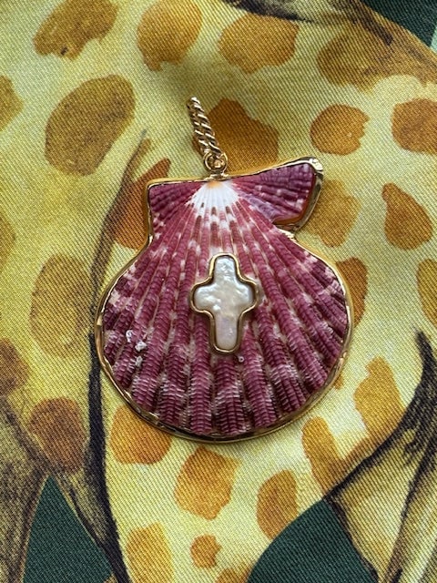 St. James Scallop Pendant with Pearl Cross: Title:St. James Scallop Pendant with Pearl Cross Description:St. James Pendant set with a Pearl cross in the Scallop - Signed CSS - Vermeil - 2.5" Drop Reserve: $556.00 Shipping: Domestic: Shipping ra