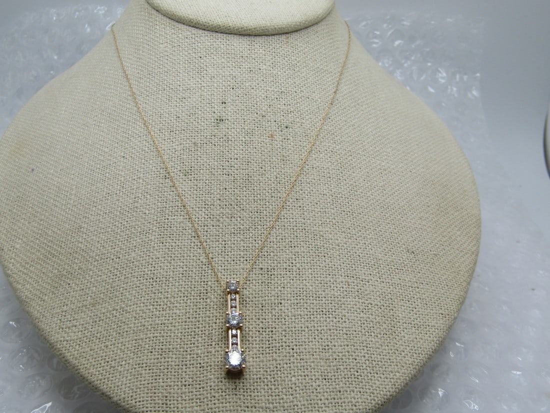 Vintage Dimonique 14KT CZ Past/Present/Future Journey Necklace, 22", Signed: Title:Vintage Dimonique 14KT CZ Past/Present/Future Journey Necklace, 22", SignedDescription:Vintage Dimonique 14KT CZ Past/Present/Future Necklace, 22", Signed. This has three graduated czs set