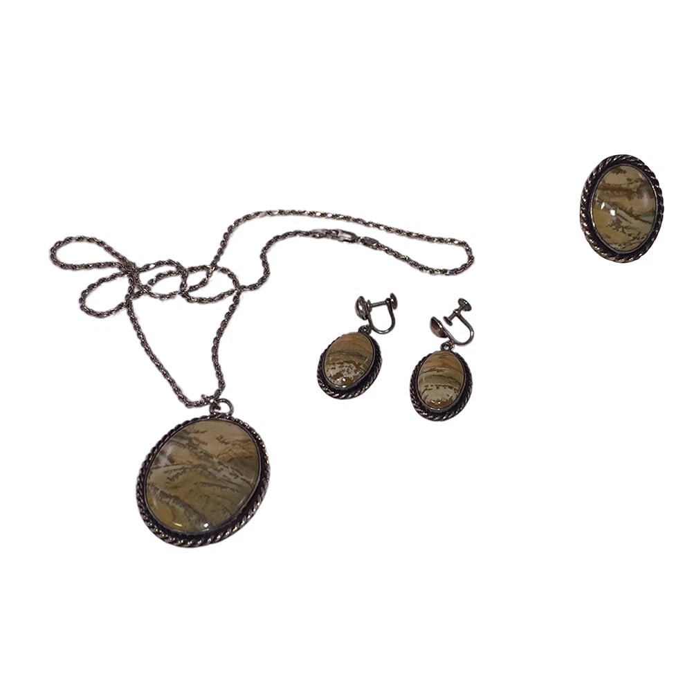 Sterling Painted Desert Jasper Necklace Earrings and Ring Set: Title:Sterling Painted Desert Jasper Necklace Earrings and Ring SetDescription:Fantastic handmade set of sterling silver and painted desert jasper, set features a pendant, ring, and earrings. Circa