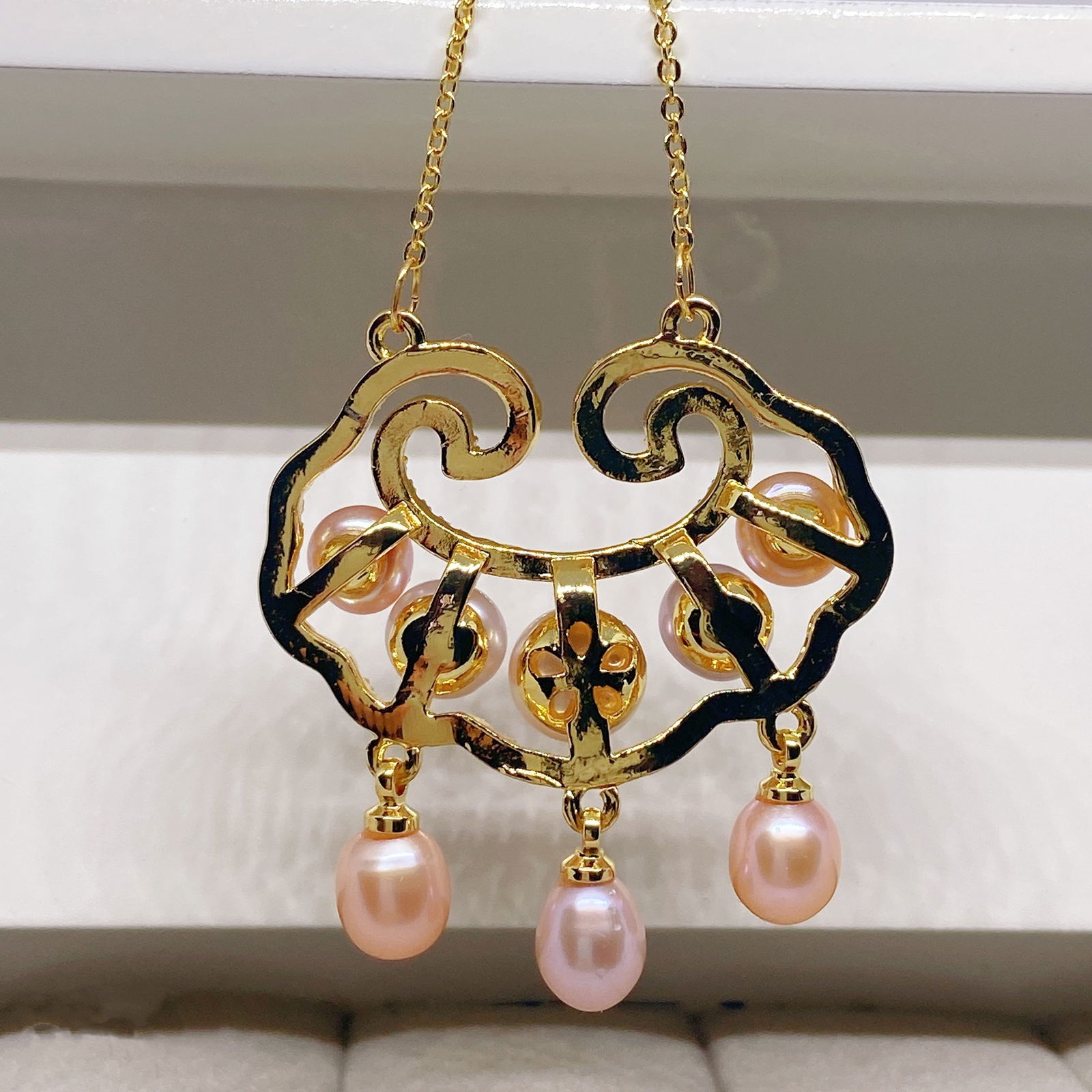 Chinese Ancient Lucky Lock Archaic Amulet Pearls silver necklace - 4