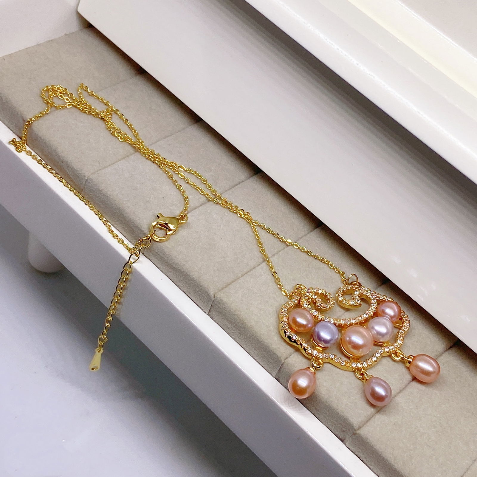 Chinese Ancient Lucky Lock Archaic Amulet Pearls silver necklace - 5