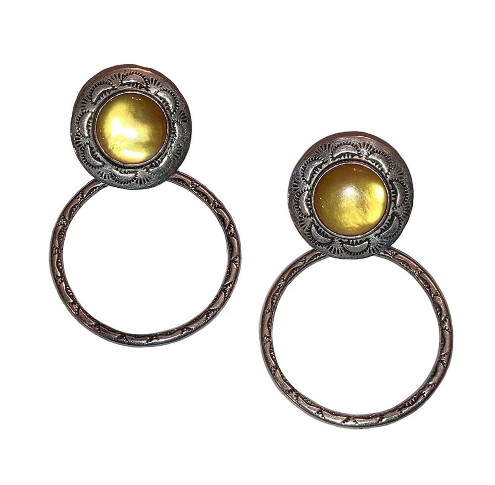 Navajo Native American Signed Many Goats Sterling Dangle Hoop Shell Earrings (1 of 4)