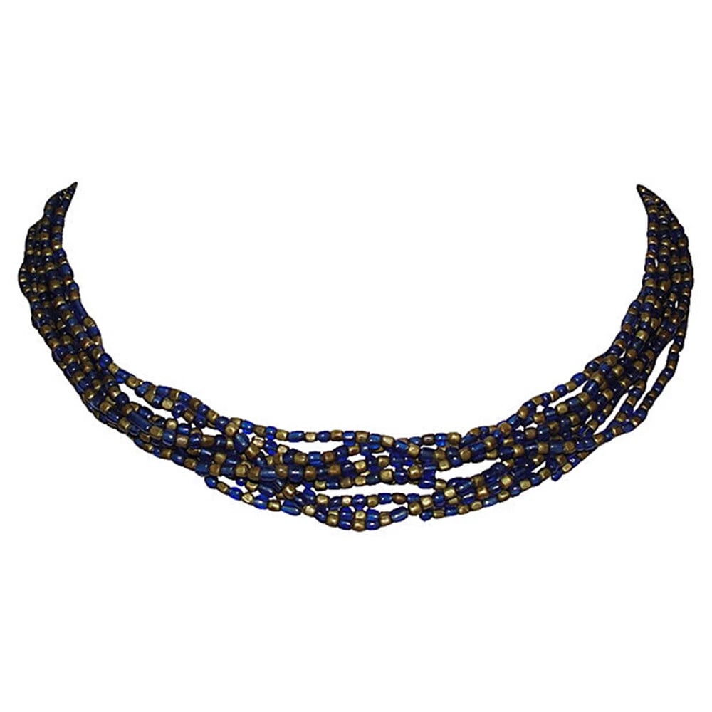 Vintage India Blue Glass & Brass Bead Necklace: Title:Vintage India Blue Glass & Brass Bead NecklaceDescription:1970s Indian multi-strand blue glass and brass bead necklace. Woven cotton clasp and brass discs. Reserve: $104.72 Shipping:Domestic:
