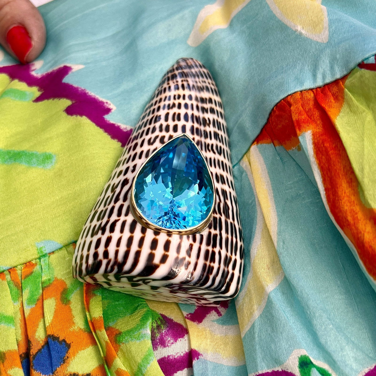 Conus Litteratus Shell Brooch with Swiss Blue Topaz - 3