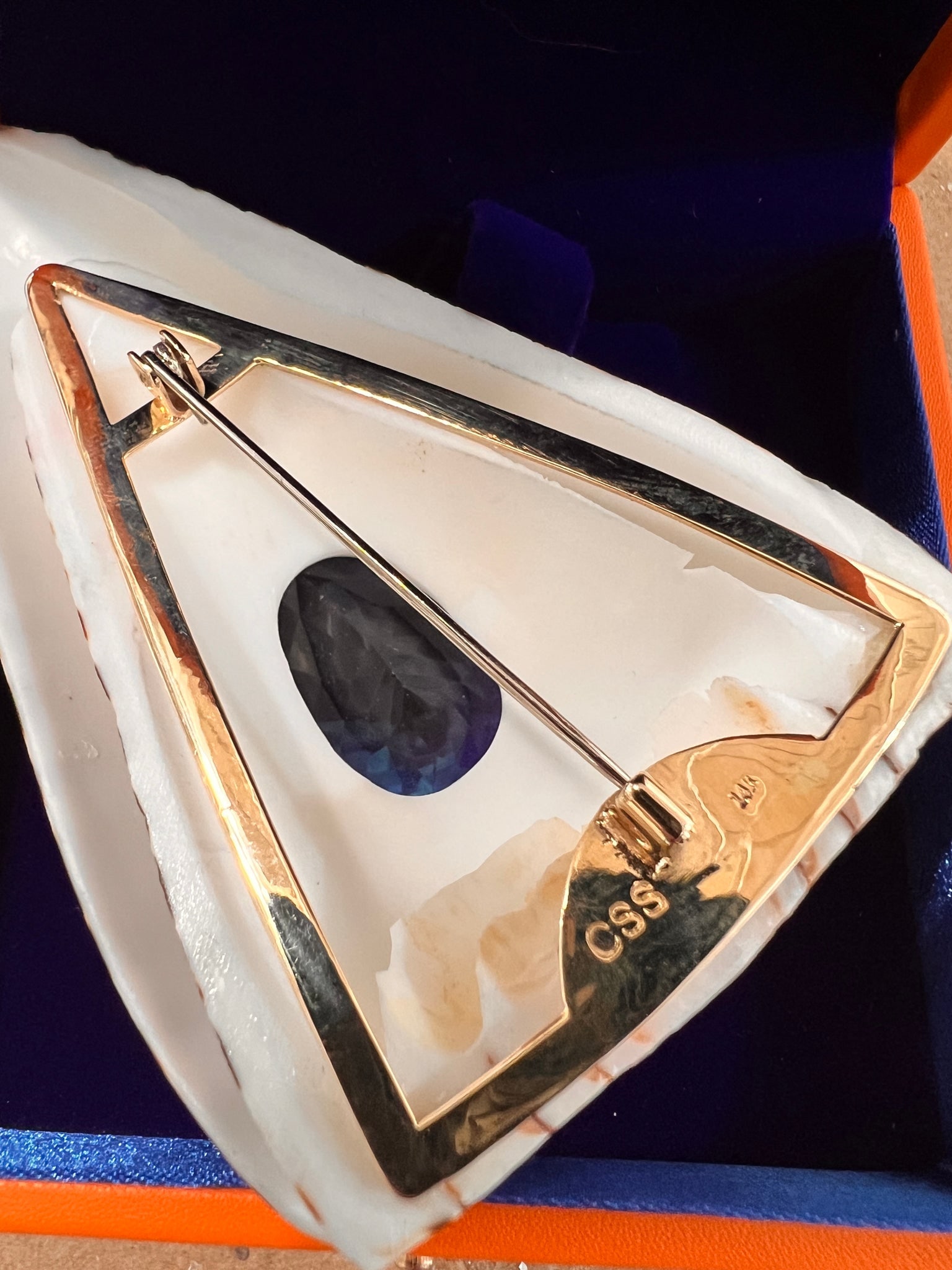 Conus Litteratus Shell Brooch with Swiss Blue Topaz - 5