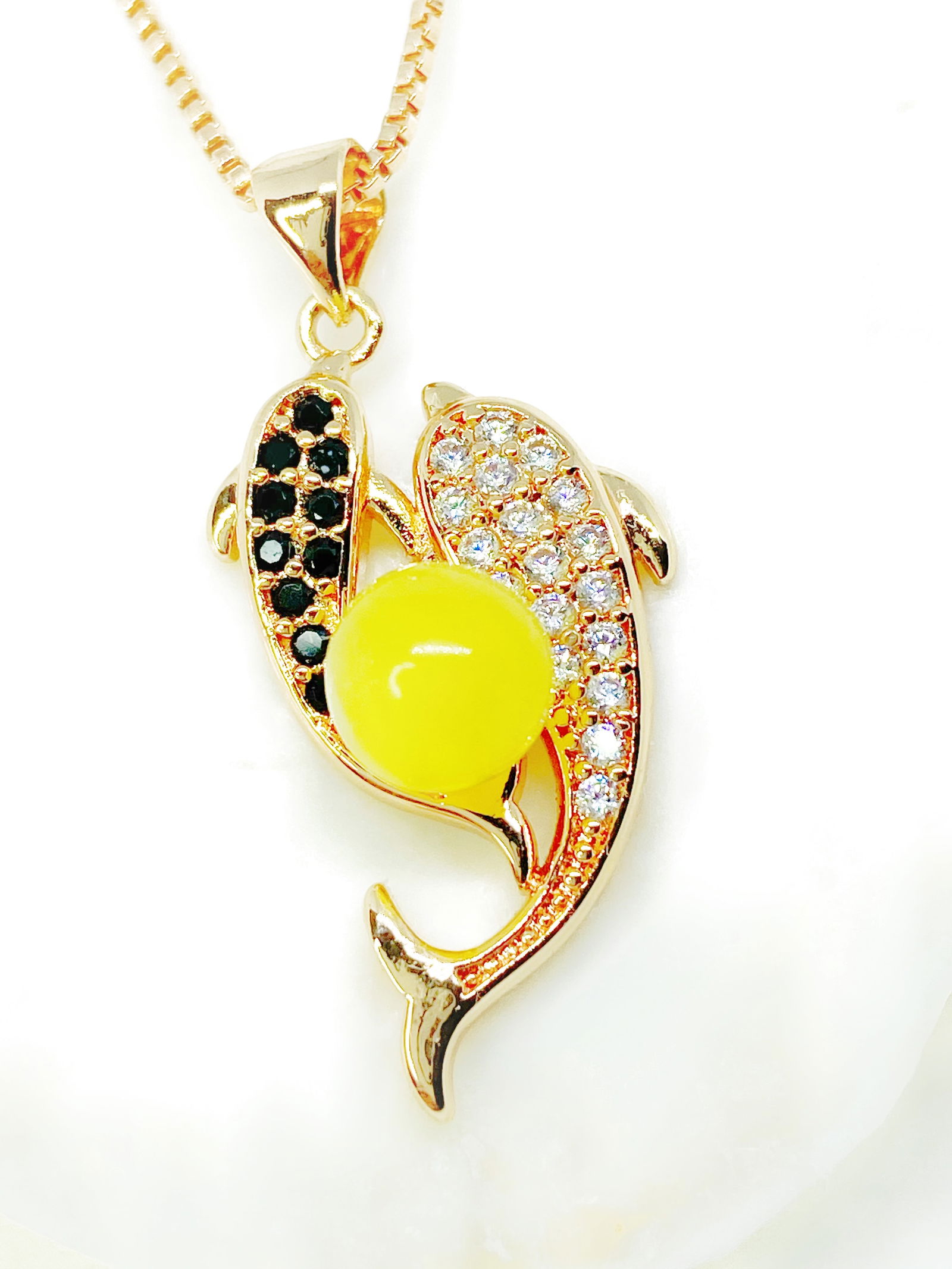 100% Natural Butterscotch Amber Double Dophines Pendant Rose Gold plated Necklace - 2