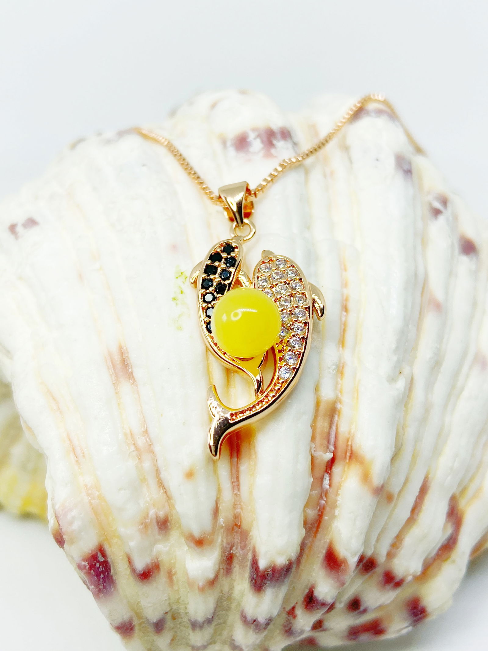 100% Natural Butterscotch Amber Double Dophines Pendant Rose Gold plated Necklace - 3