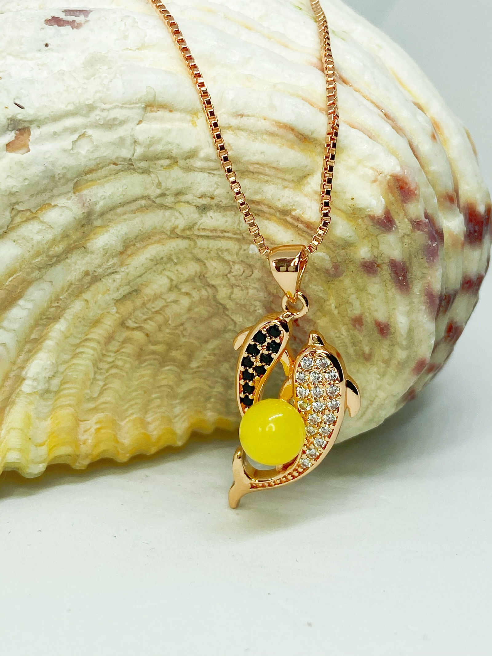 100% Natural Butterscotch Amber Double Dophines Pendant Rose Gold plated Necklace - 4