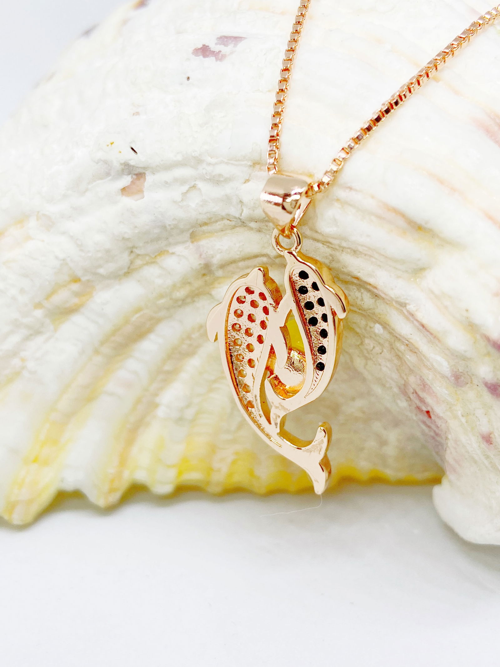 100% Natural Butterscotch Amber Double Dophines Pendant Rose Gold plated Necklace - 7