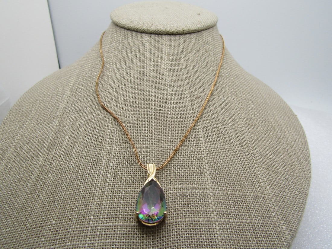 Vintage 10kt Mystic Topaz Necklace, 9kt 20" Chain, Signed - 2